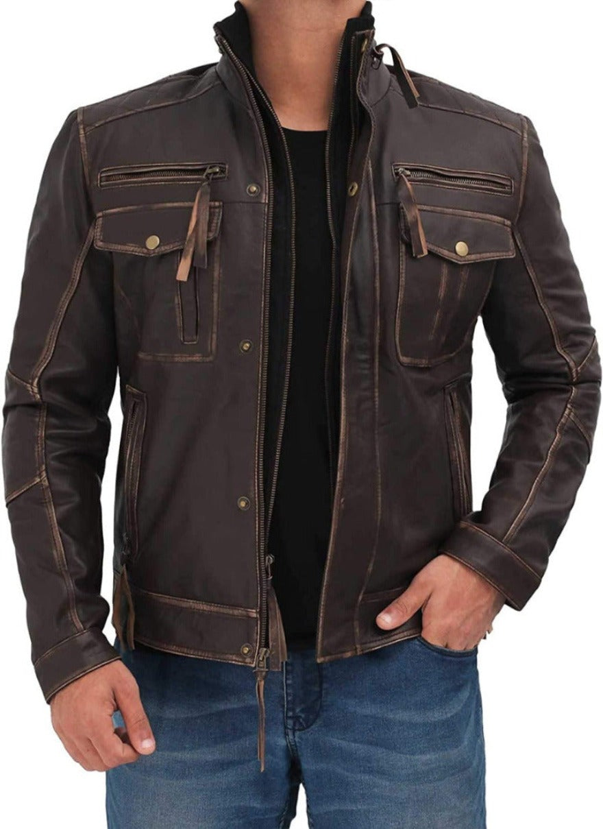 Picture of a model wearing our Distressed Brown Leather Jacket front with zipper open