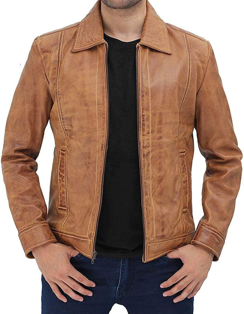 Mens Picture of a model wearing our Mens Waxed Leather Jacket in tan, front view with zipper open.