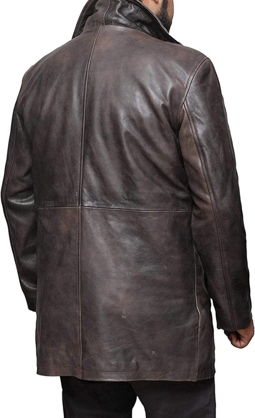 Picture of a model wearing our Short Leather Trench Coat Mens dark brown, back view