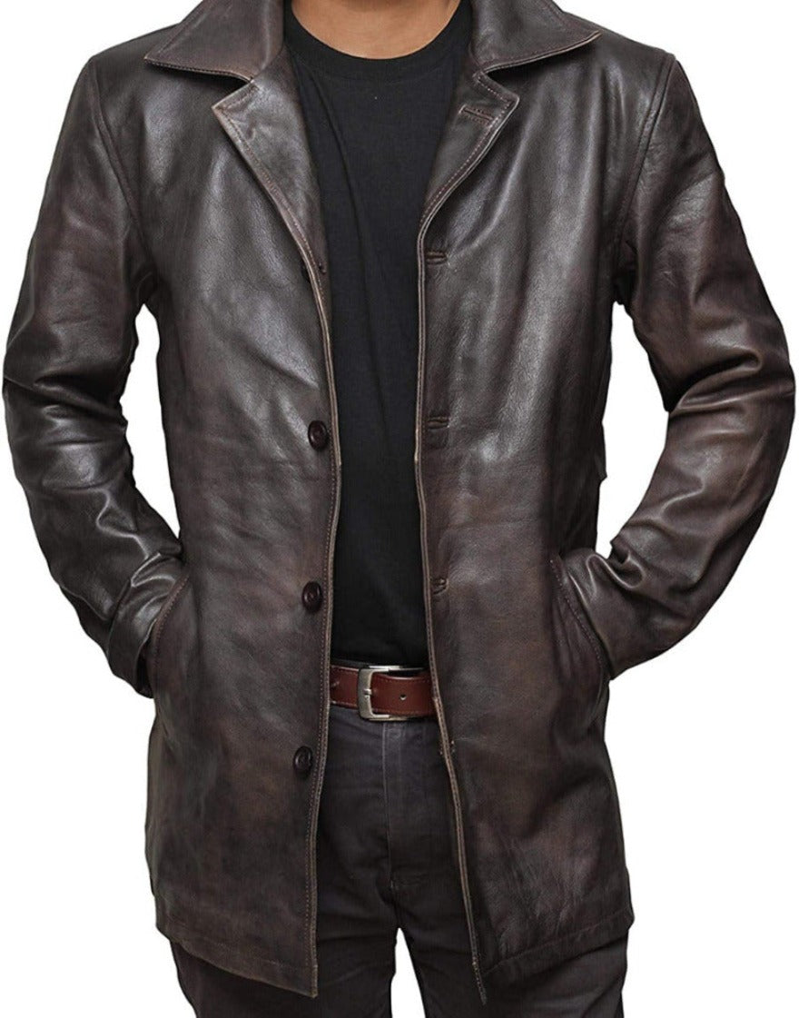 Mens long leather trench coat distressed brown, front view