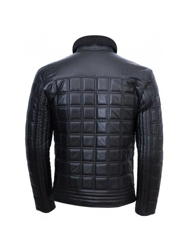 Image of Mens Quilted Black Leather Jacket  stitched in a square pattern, back view.
