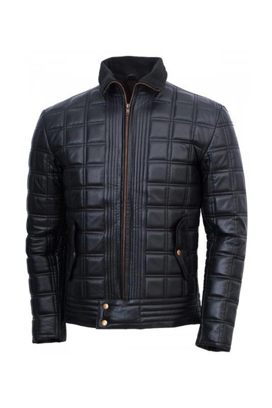 Image of Mens Quilted Black Leather Jacket  stitched in a square pattern, front view.