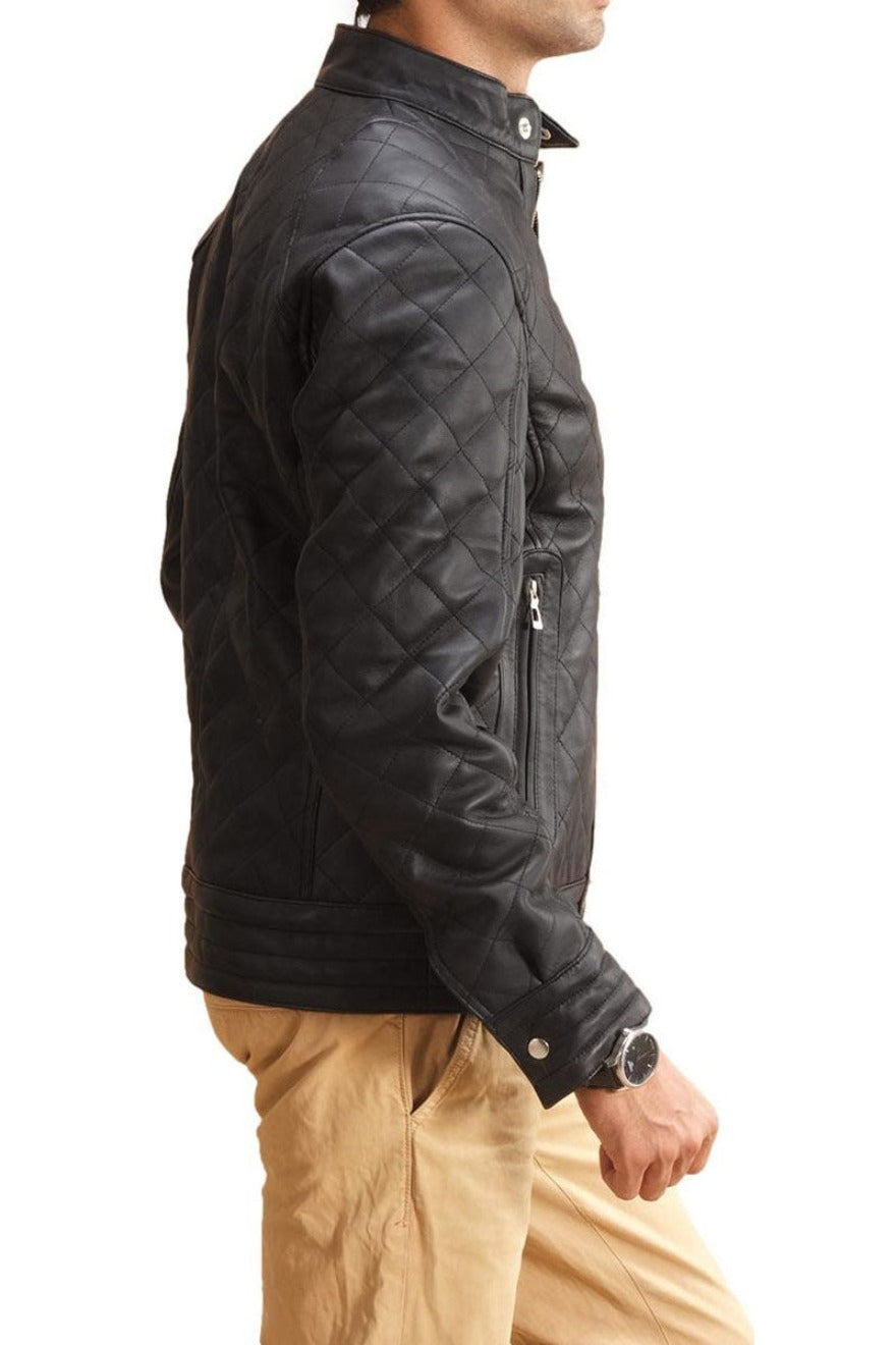 Picture of a model wearing our Black Leather Jacket Quilted  in black with silver zippers. Side view.