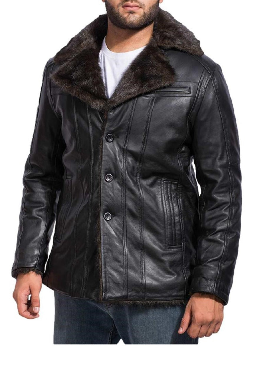 Model wearing a black shearling leather coat, front view.