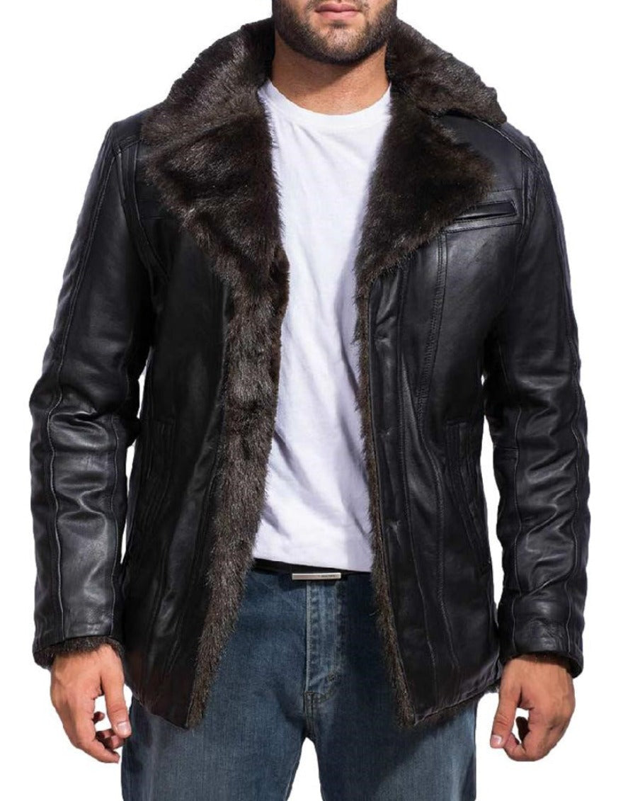 Model wearing a black shearling leather coat, front view unbuttoned showing shearling lining