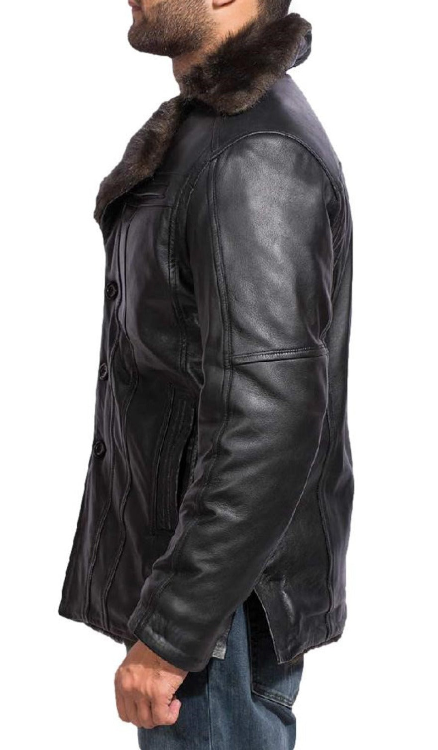 Model wearing a black shearling leather jacket, sidet view.