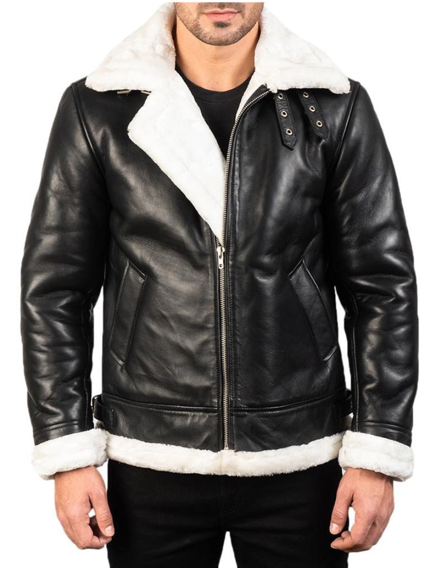 Model wearing mens leather sheepskin jacket with white shearling liner. Front view  half zippped up.