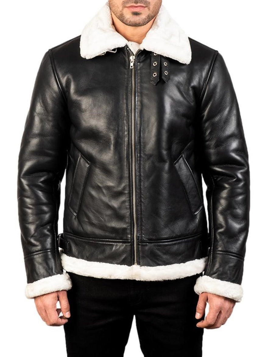 Model wearing mens leather sheepskin jacket with white shearling liner. Front view fully zippped up.