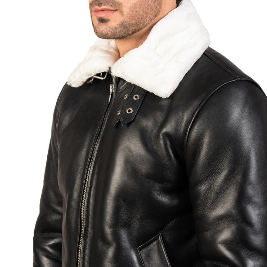 Close up view of mens shearling leather jacket in black with white shearling collar