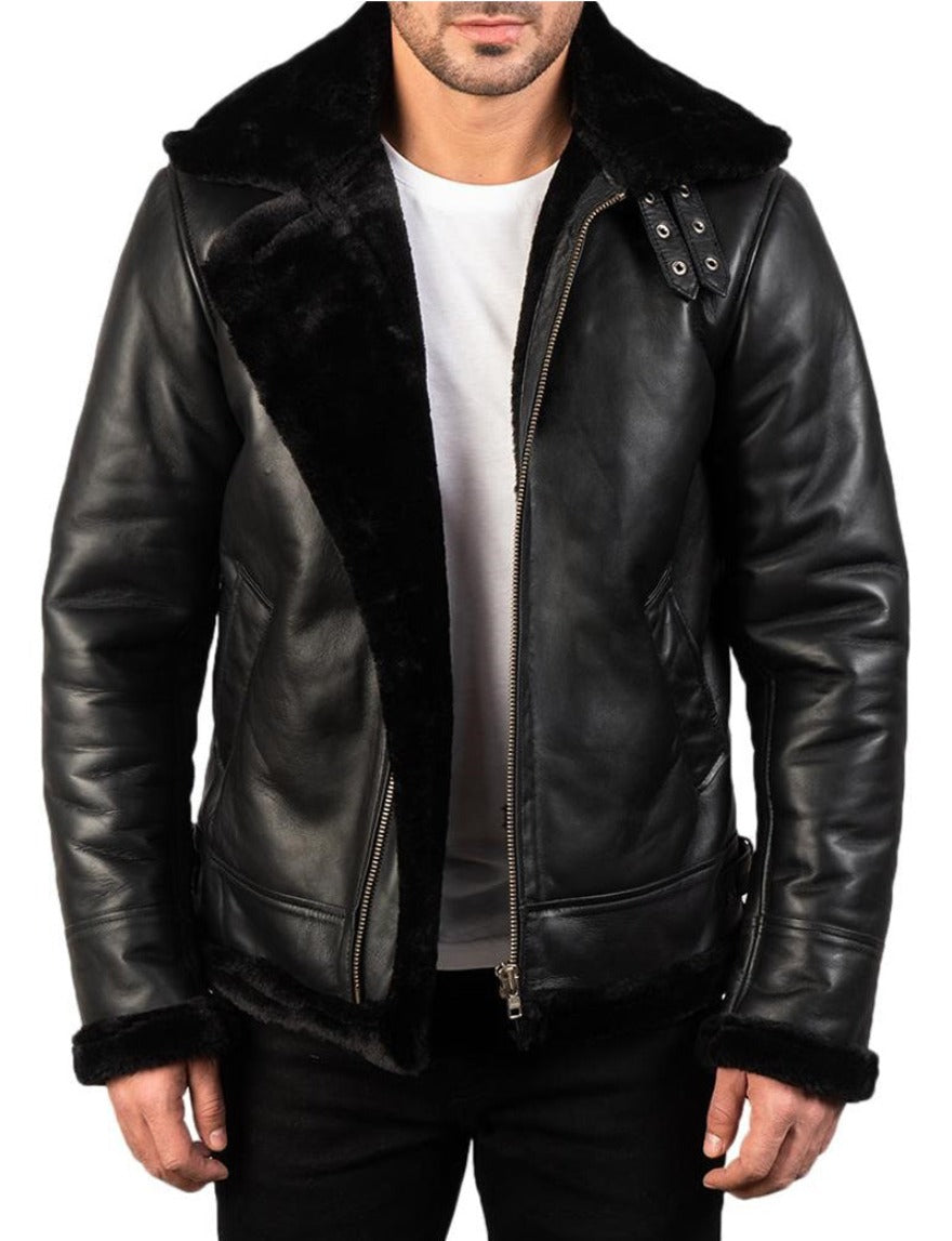 Model wearing mens leather sheepskin jacket with black shearling liner. Not zippped up.