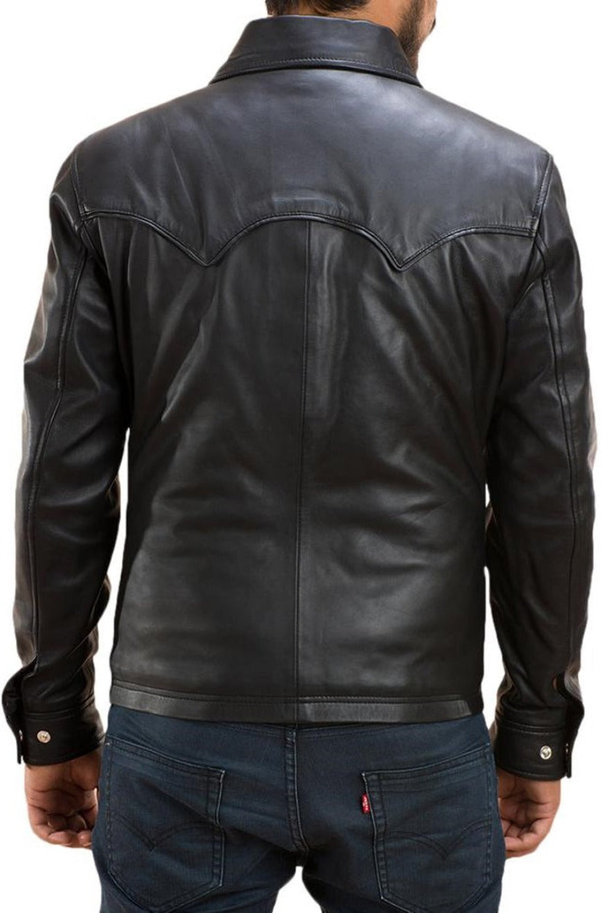 Model is wearing a Mens Long Sleeve Leather Shirt, back view.
