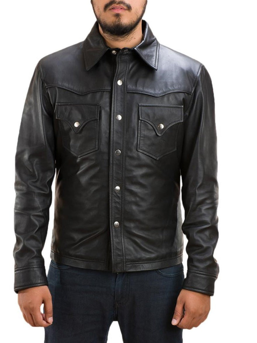 Model is wearing a mens long sleeve leather shirt front view