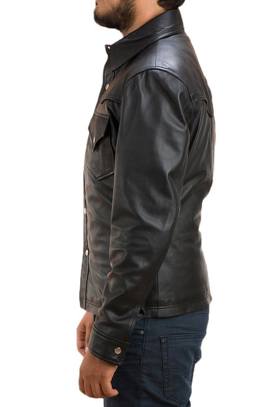 Model is wearing a Mens Long Sleeve Leather Shirt, side view.