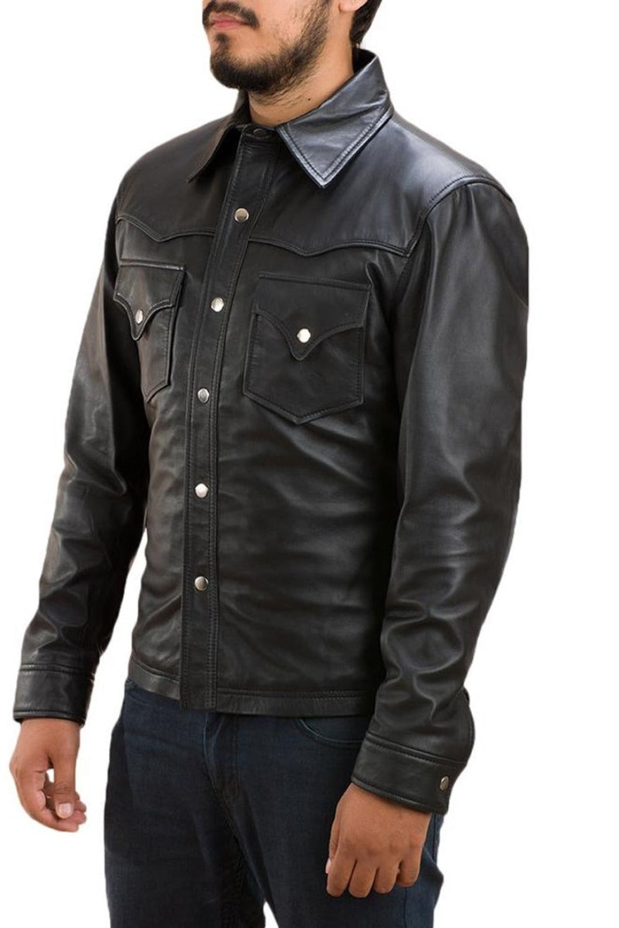 Model is wearing a mens long sleeve leather shirt side view