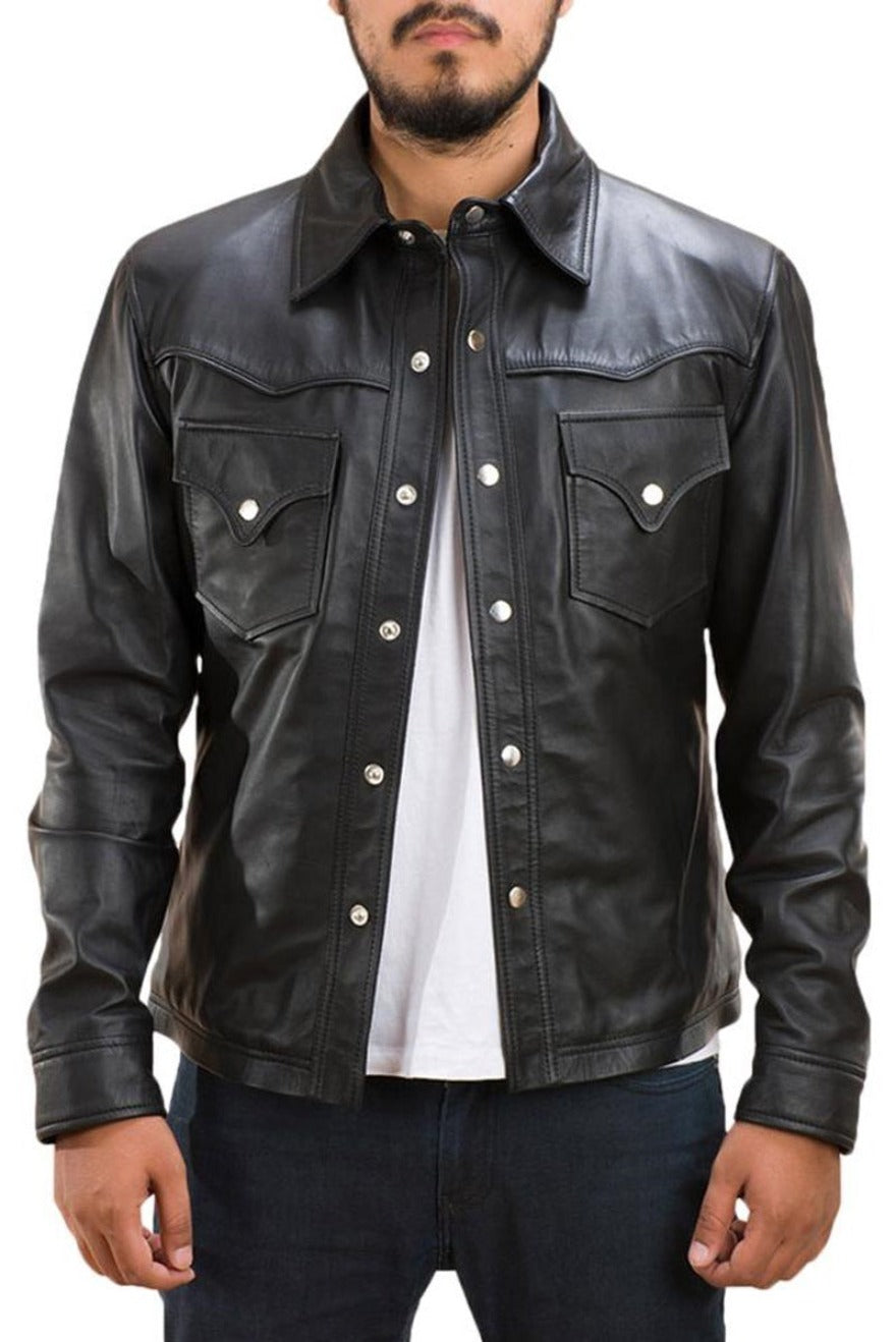 Model is wearing a mens long sleeve leather shirt front view, not buttoned.