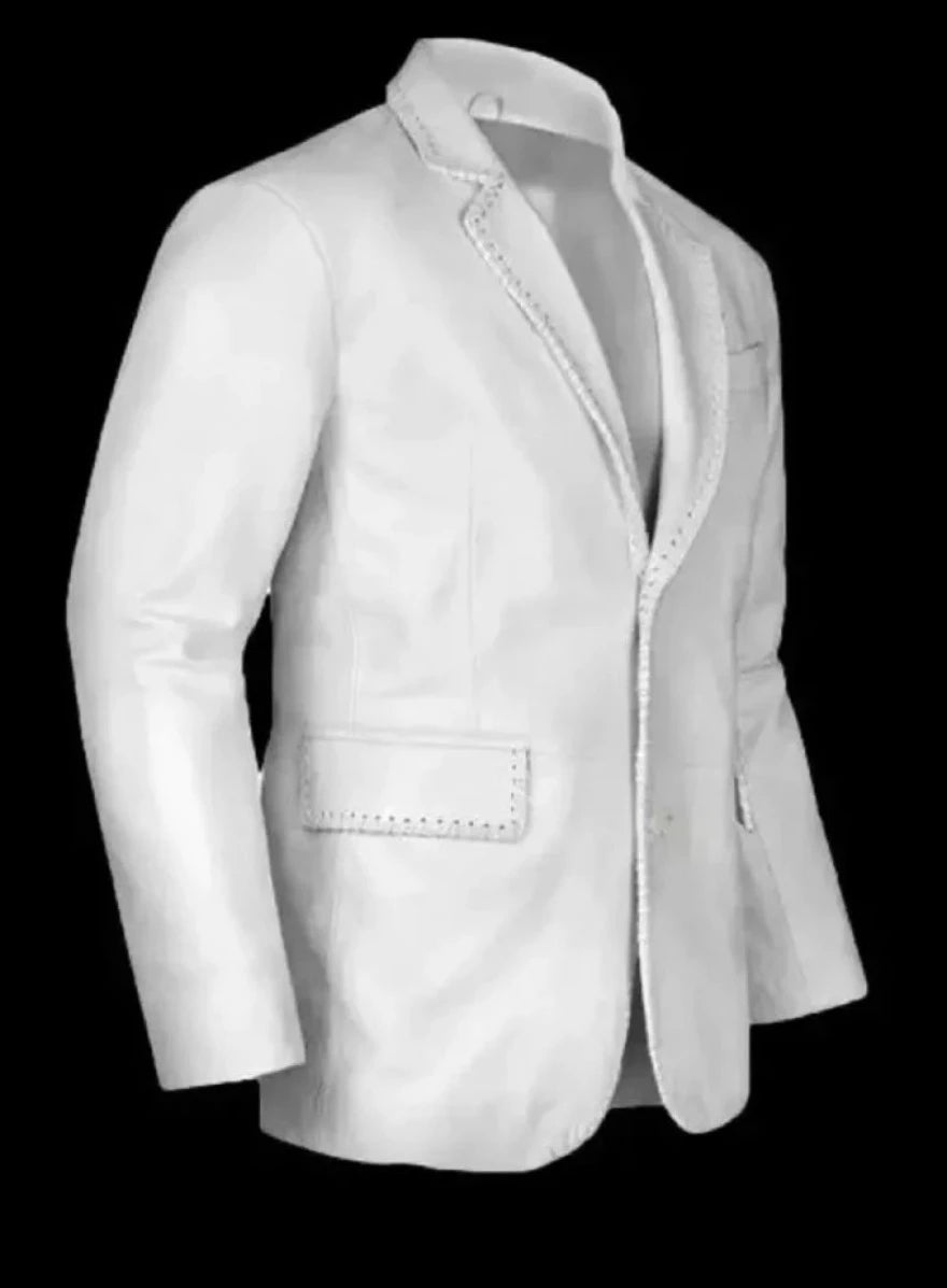 Picture of our Mens White Leather Blazer, side view.