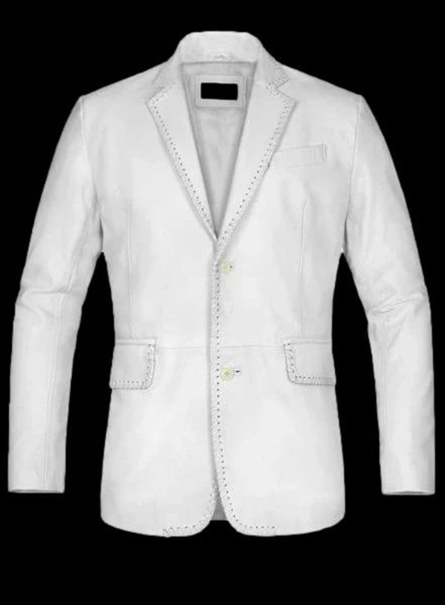 Picture of our Mens White Leather Blazer, front view.