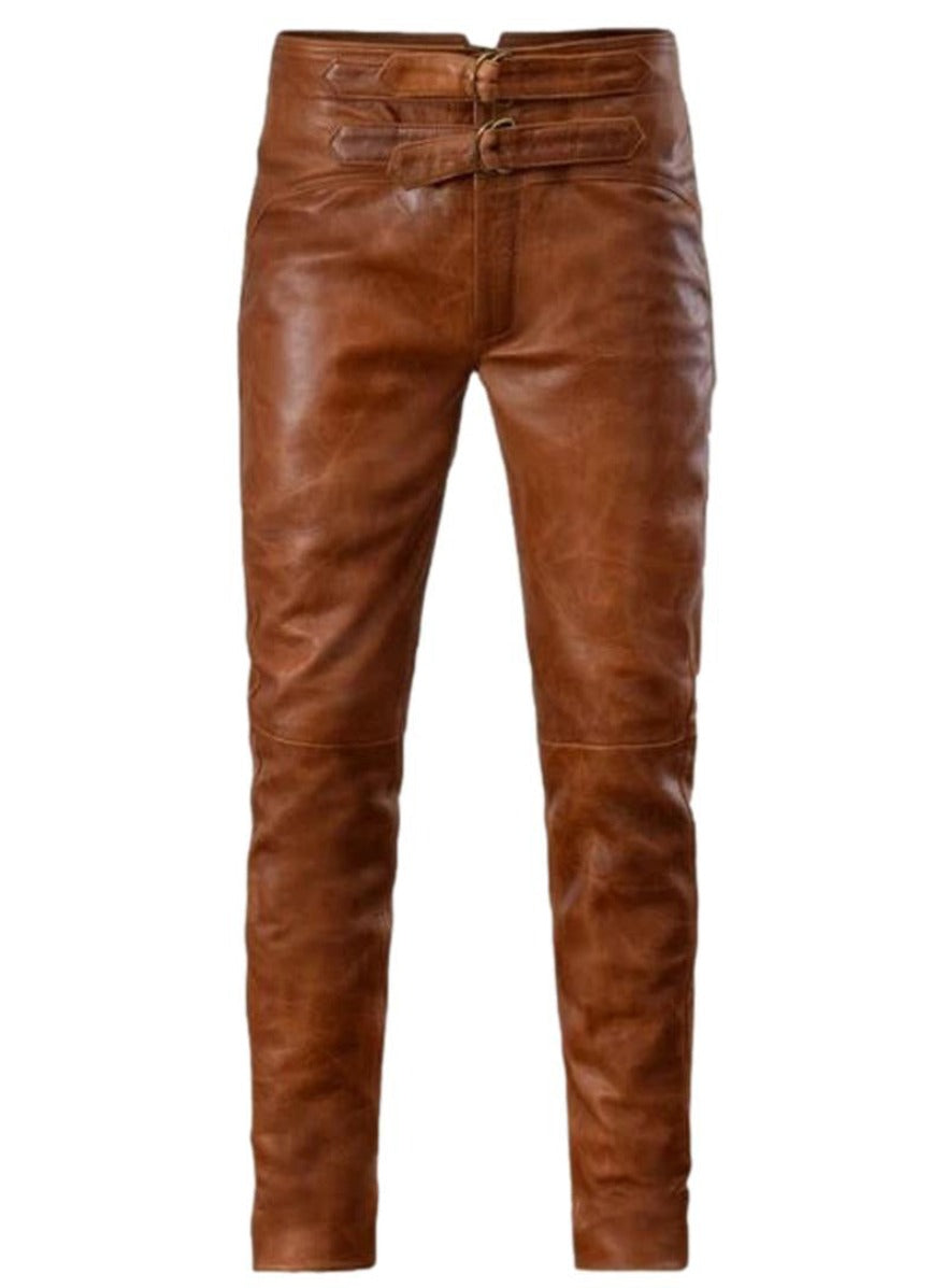 Picture of our dark brown leather pants,,front view.