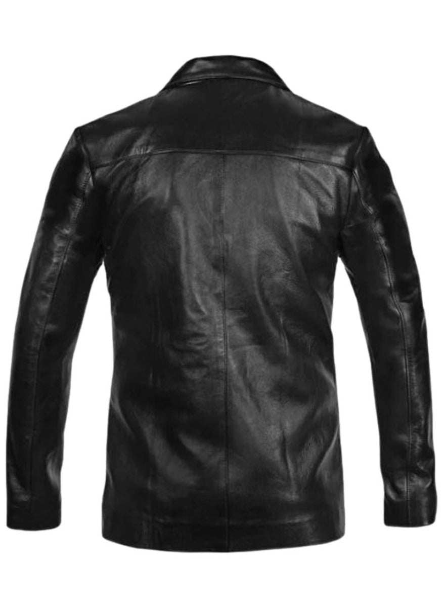 Picture of our  Mens Leather Blazer Black Jacket with Brown Lapel back view celebrity style.