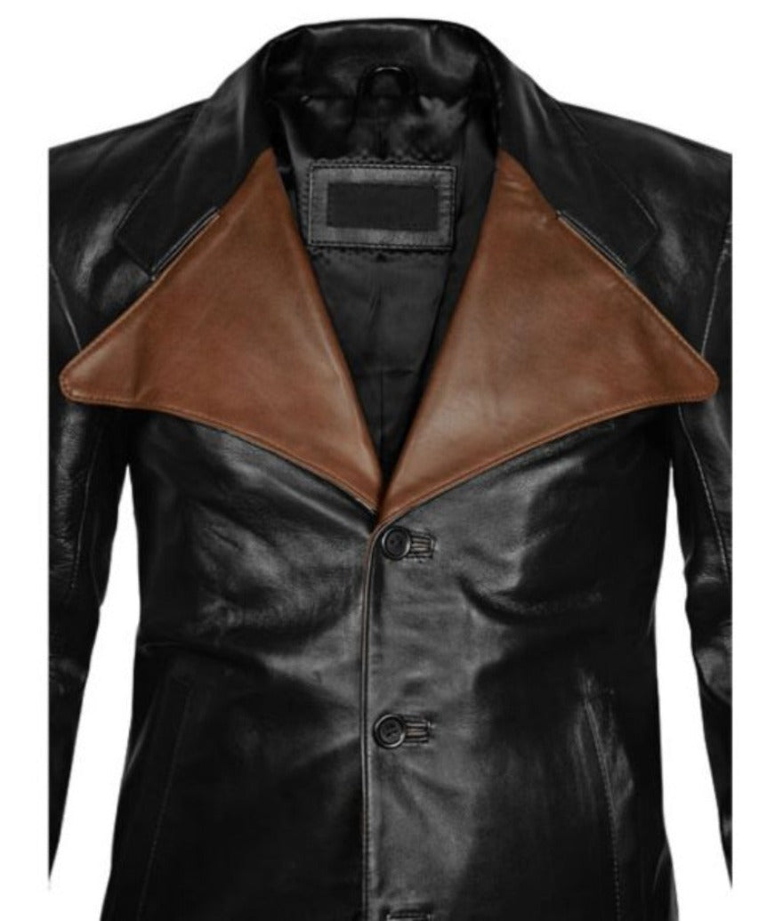 Mens Leather Blazer Black with Brown Lapel Jim Morison of the Doors celebrity style. Front close up