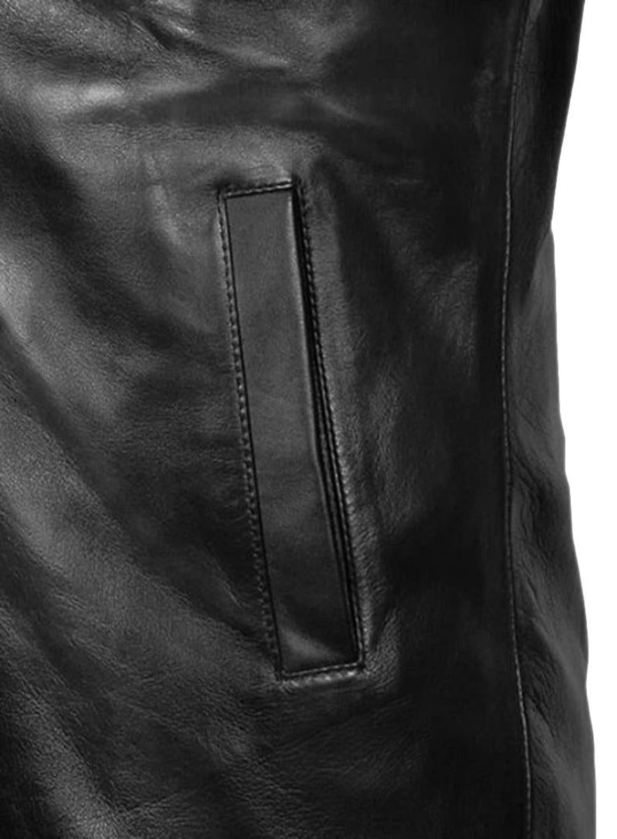 Mens Leather Blazer Black Jacket with Brown Lapel close up of pocket