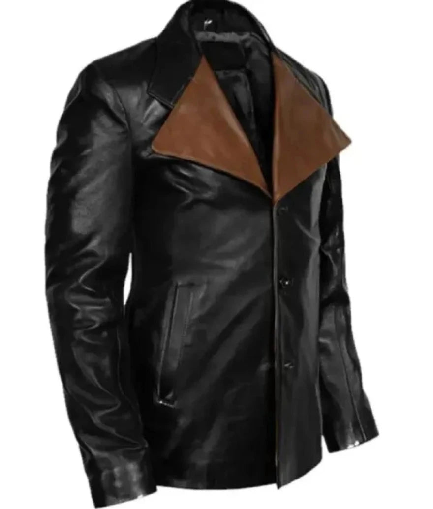Picture of our  Mens Leather Blazer Black  with Brown Lapels
