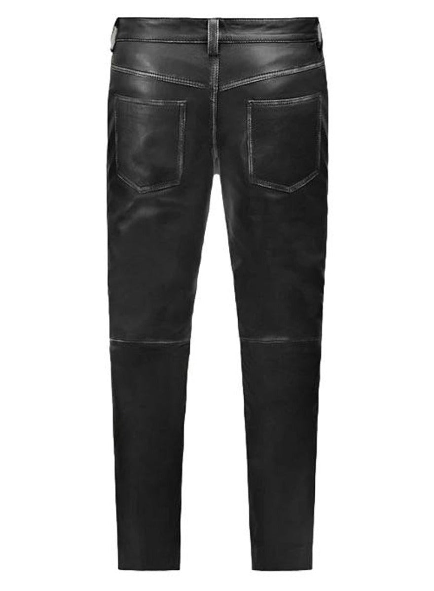Picture of our 5 pocket Mens Leather Black Jeans, Black rubbed color, back view.