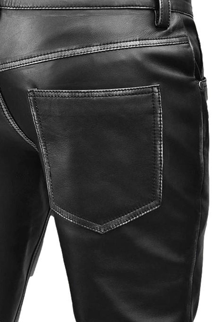 Picture of our 5 pocket Mens Leather Black Jeanss, Black rubbed color, close up view.