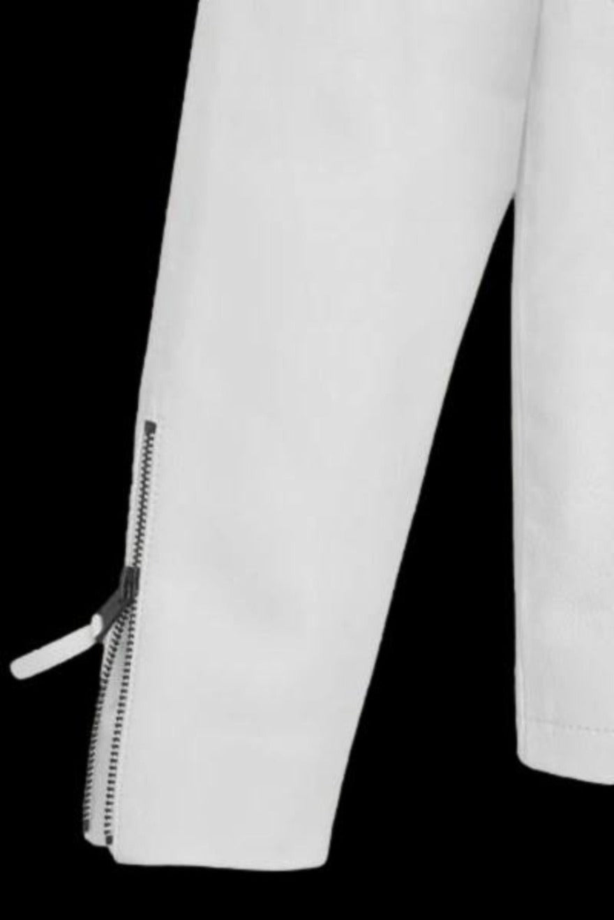 Picture of White Cafe Racer Jacket in white, close up view of sleeve. 