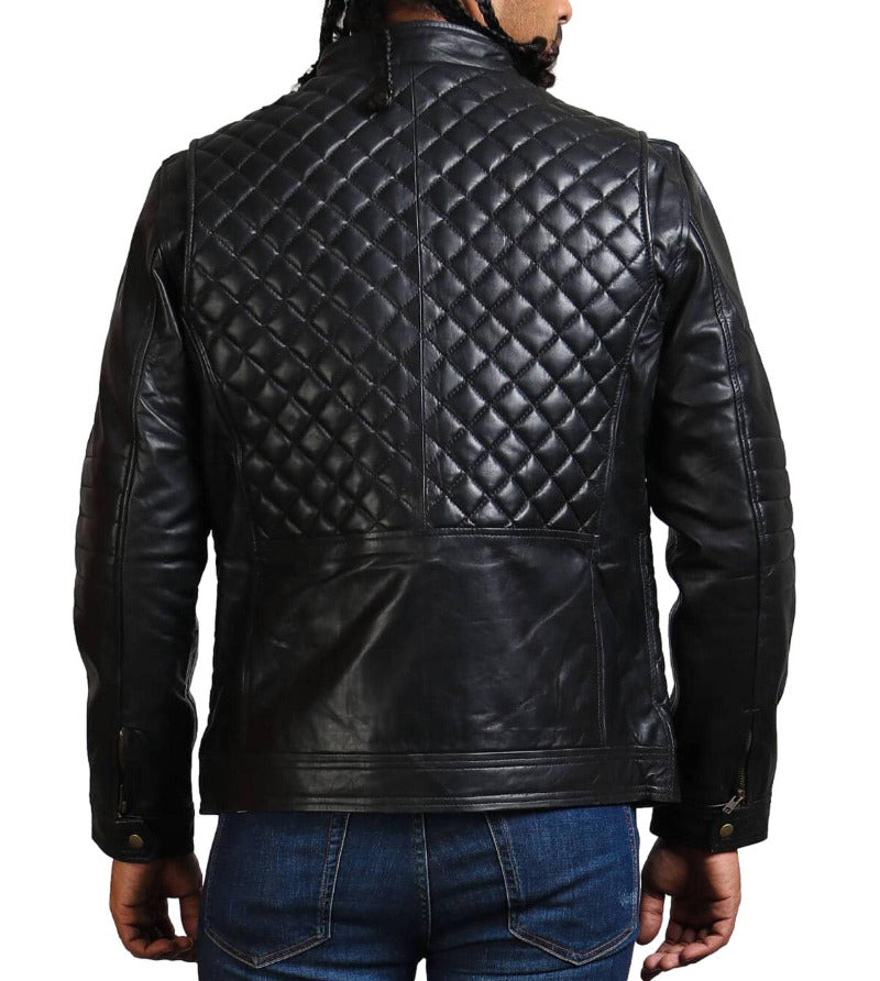 Model wearing a mens padded leather jacket with a diamond pattern, black color., back view.