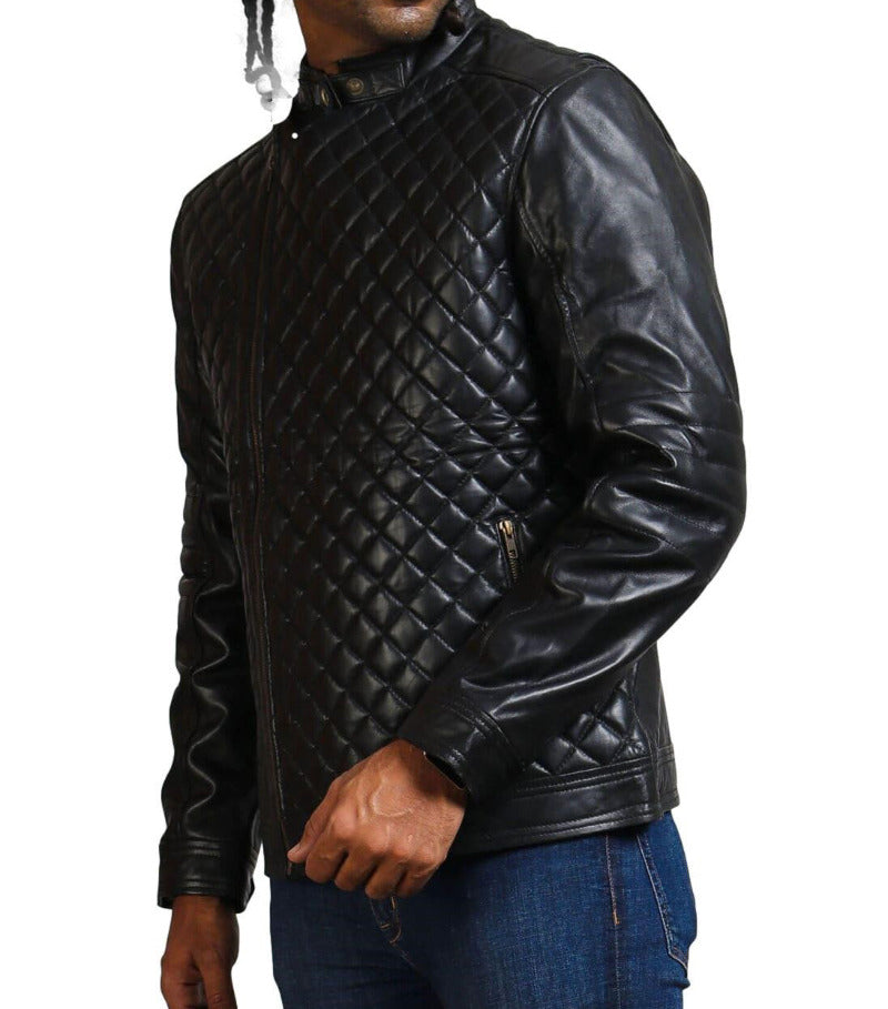 Model wearing a mens quilted leather jacket with a diamond pattern, black color, side view.