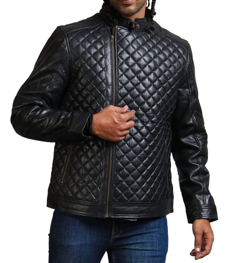 Model wearing a mens quilted leather jacket with a diamond pattern, black color.