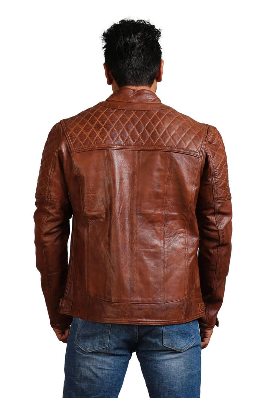 Picture of model wearing Mens Racer Leather Jacket  with quilted shoulders and chest. Back view.
