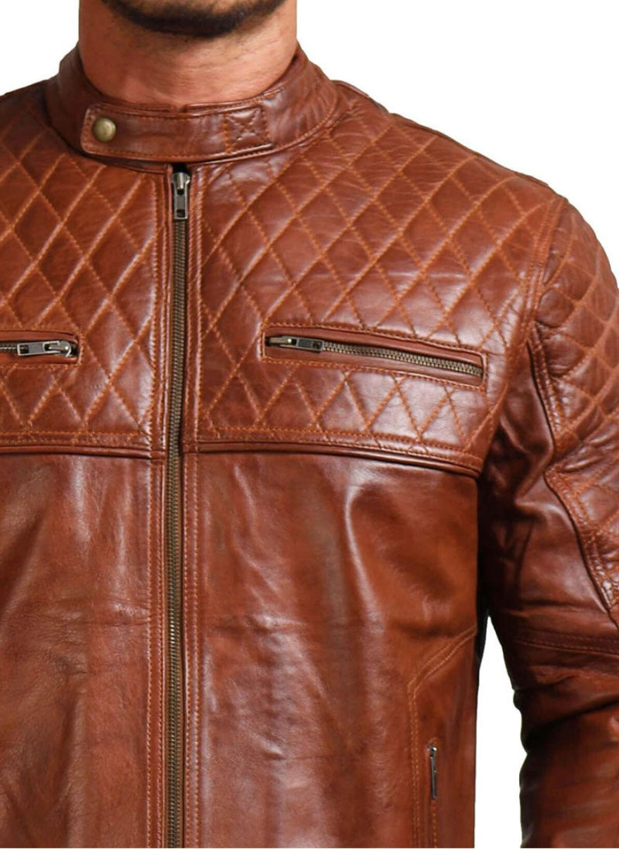 Close up of model wearing Mens Brown Racer Leather Jacket  with quilted shoulders and chest.