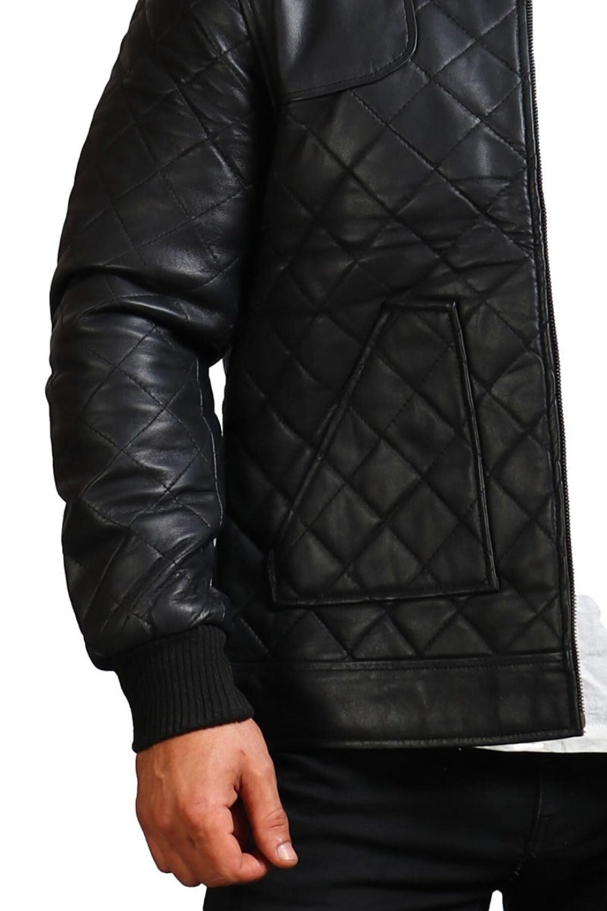 Picture of model wearing our Mens Quilted Leather Jacketin black, diamond pattern,  close up view.