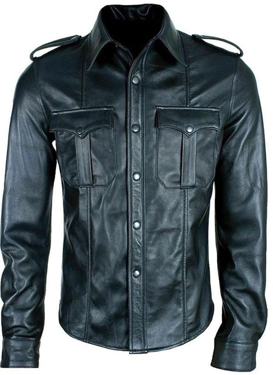 Picture of our mens leather uniform shirt in black, front view.