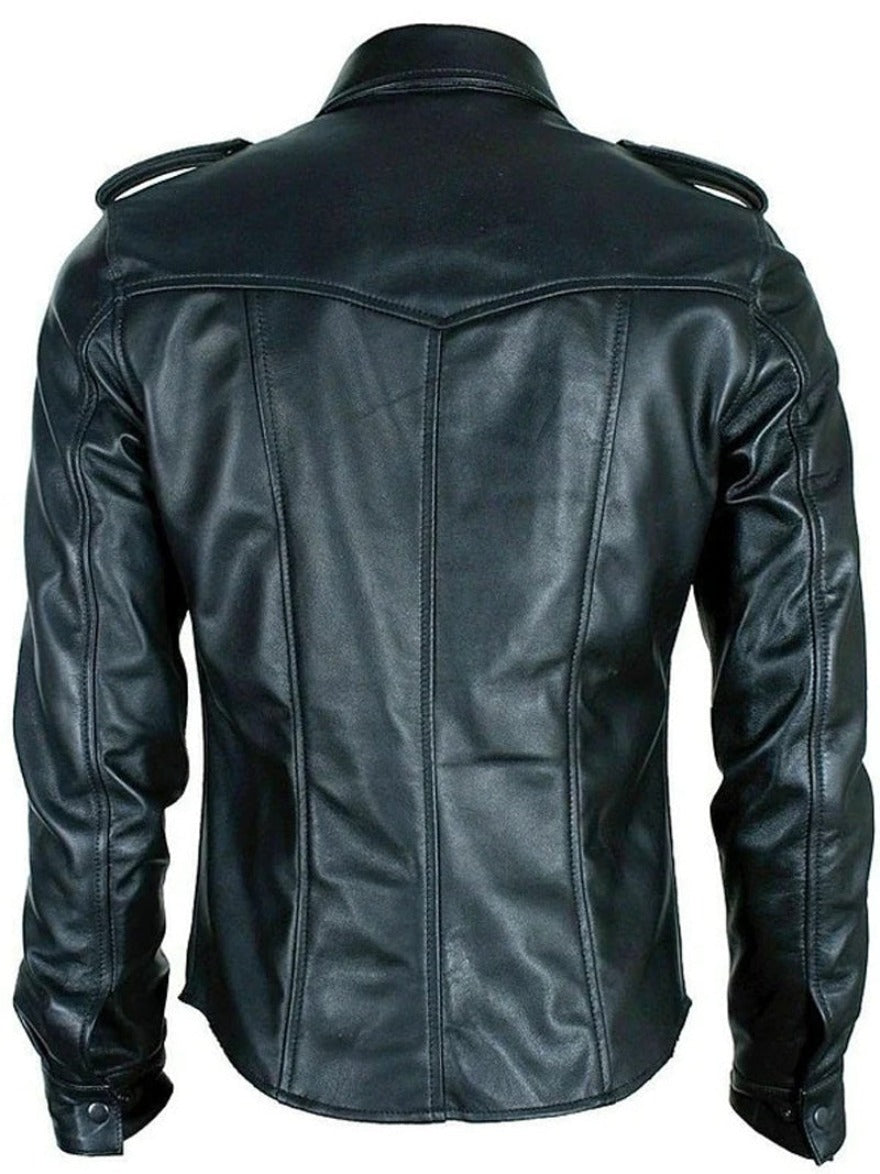 Picture of mens leather police uniform shirt in black, back view.