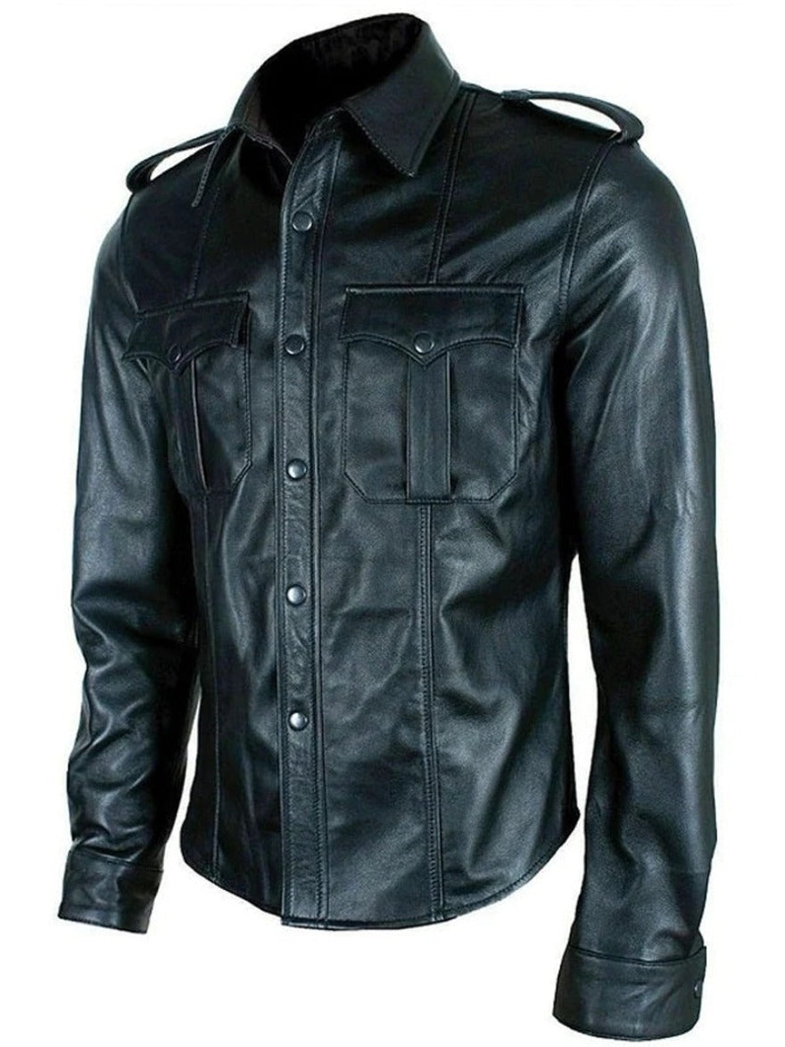 Picture of mens leather uniform shirt in black, side view.