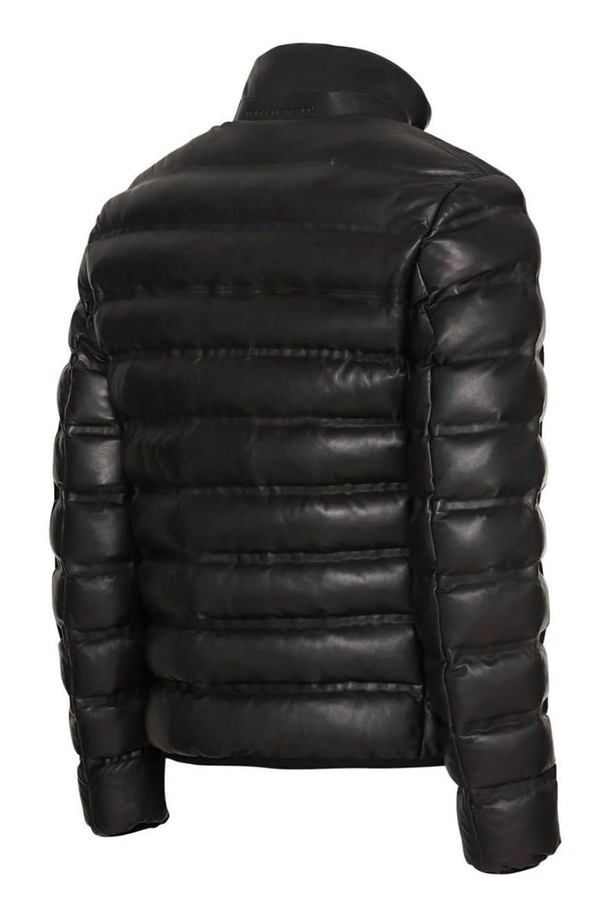 Picture of out  Black Quilted Leather Jacket Mens, with narrow rectanglar pattern.  Back view.