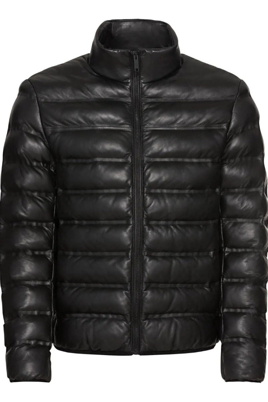 Picture of mens quilted leather jacket in black with narrow rectanglar pattern.  Front view.