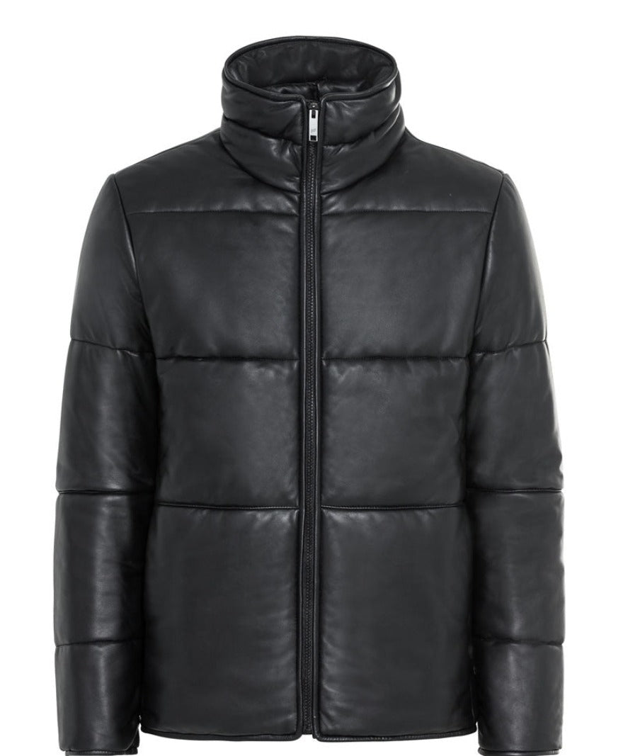Picture of a mens quilted leather jacket in black with a wide square pattern, front view.