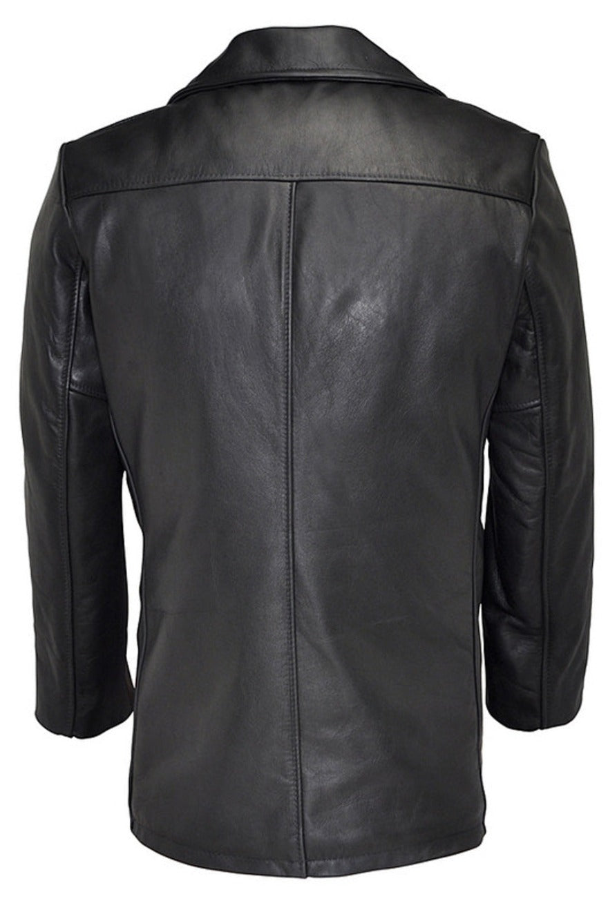 Picture of mens leather pea coat in black, back view.