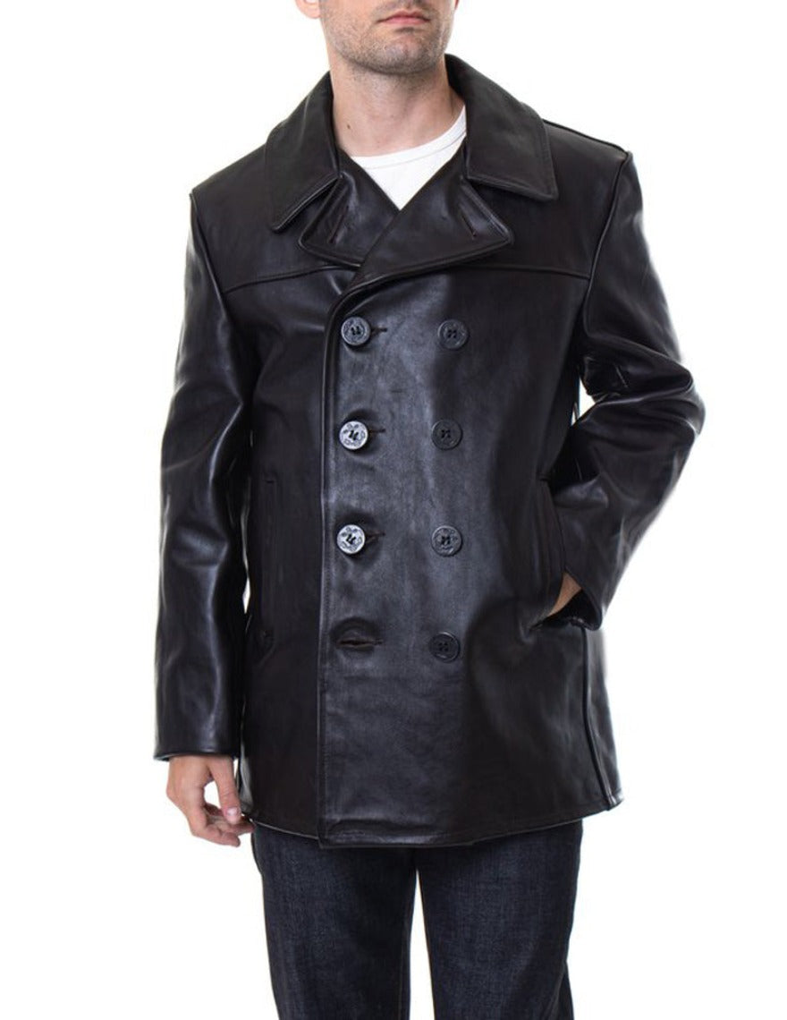 Picture of model wearing mens leather pea coat in black, front view.