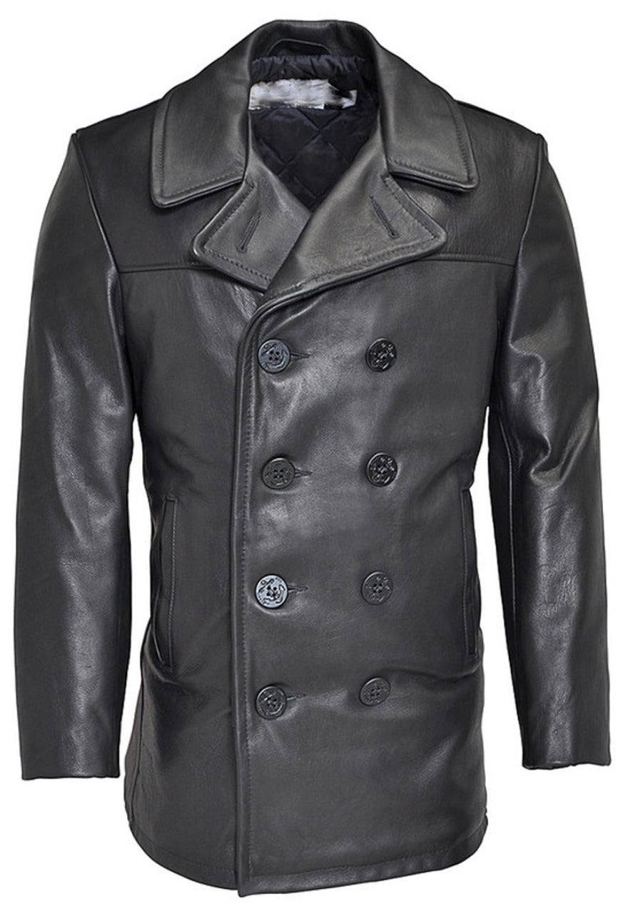 Picture of mens leather pea coat in black, front view.