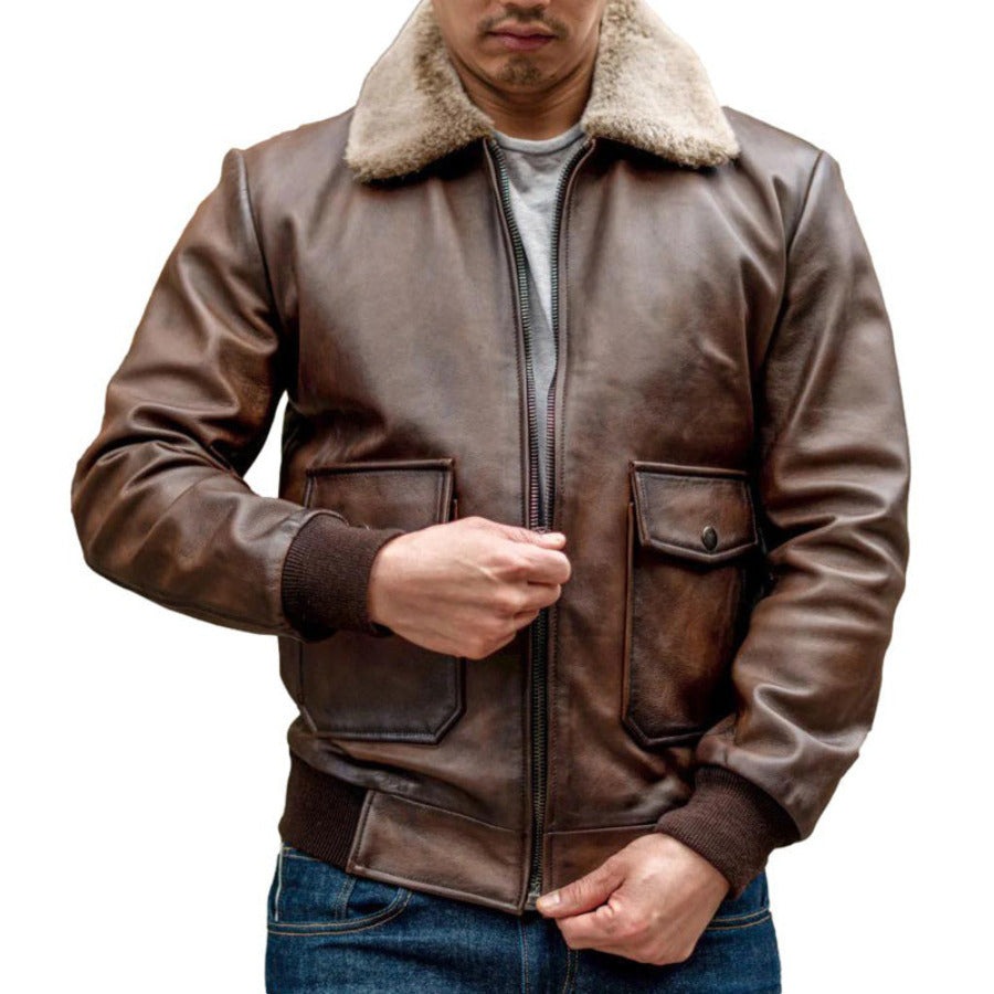 Model wearing our brown waxed Pilot Leather Jacket for Ment front view with zipper closed.