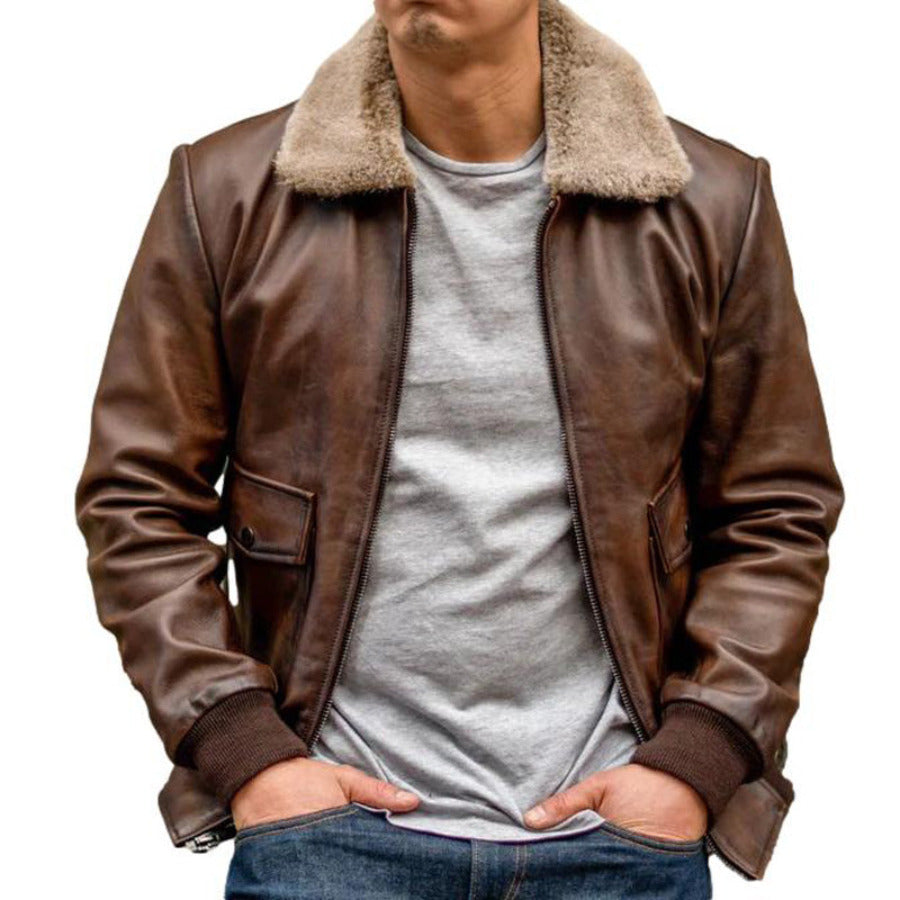 Model wearing our brown waxed Pilot Leather Jacket for Ment front view with zipper open.