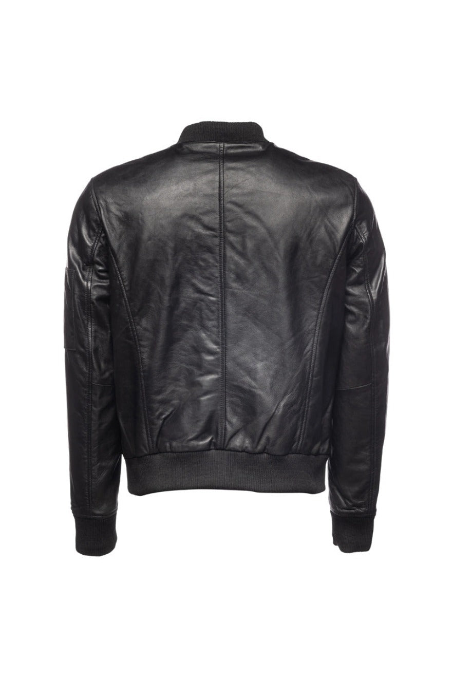 Picture of our Mens Bomber Jacket Black Leather, back view.