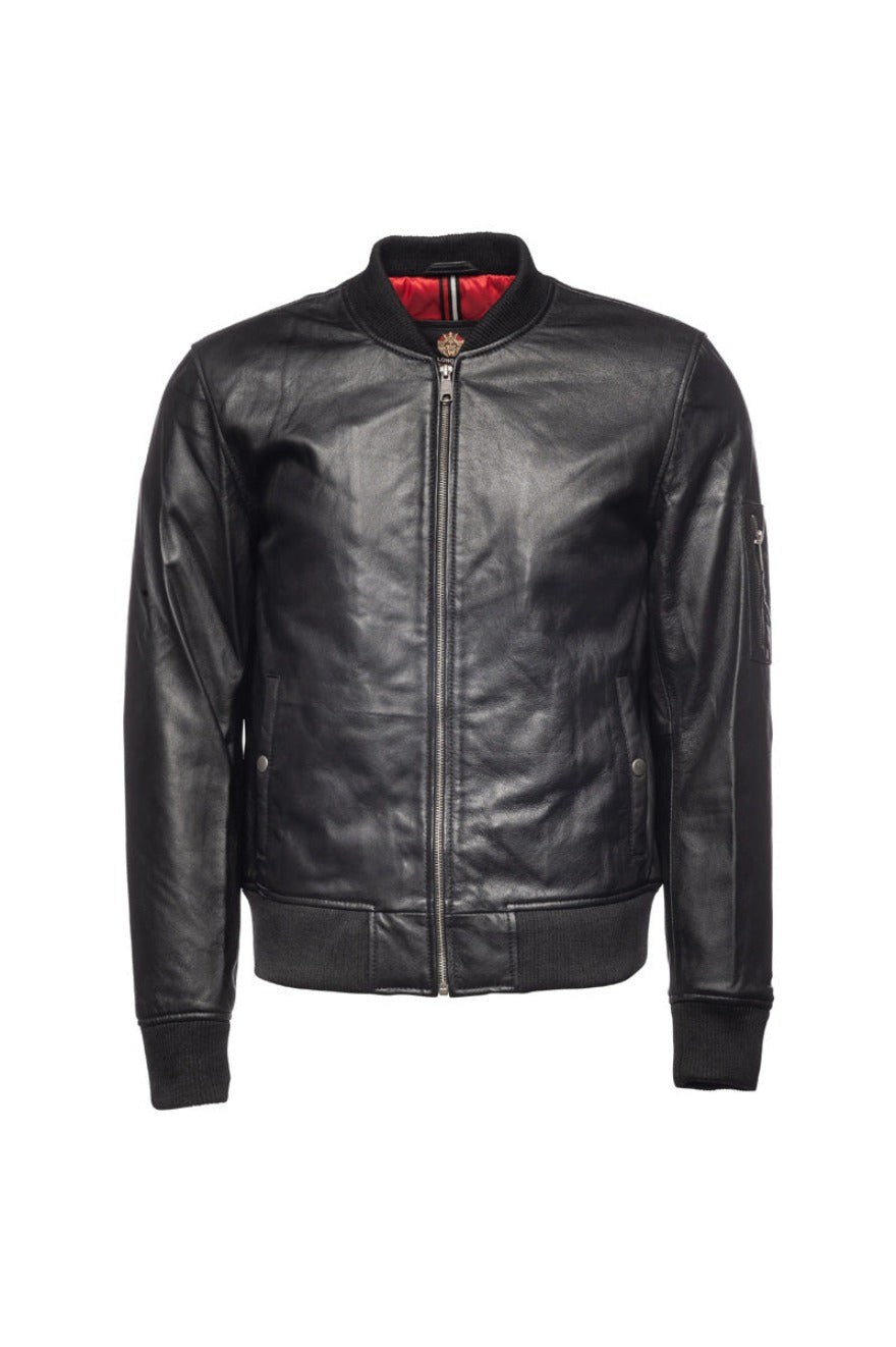 Picture of our Mens Bomber Jacket Black Leather, front view.