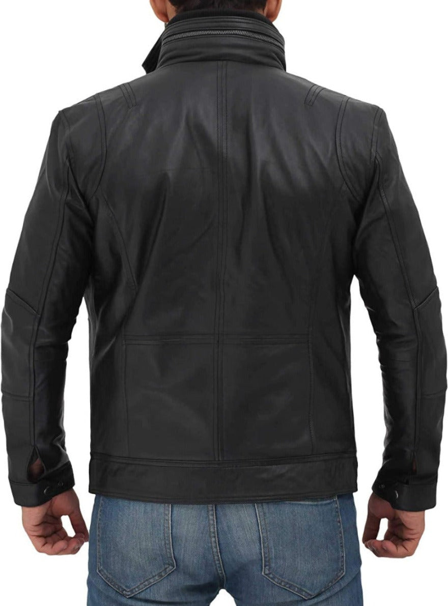 Picture of a model wearing our Mens Black Leather Motorcycle Jacket back View