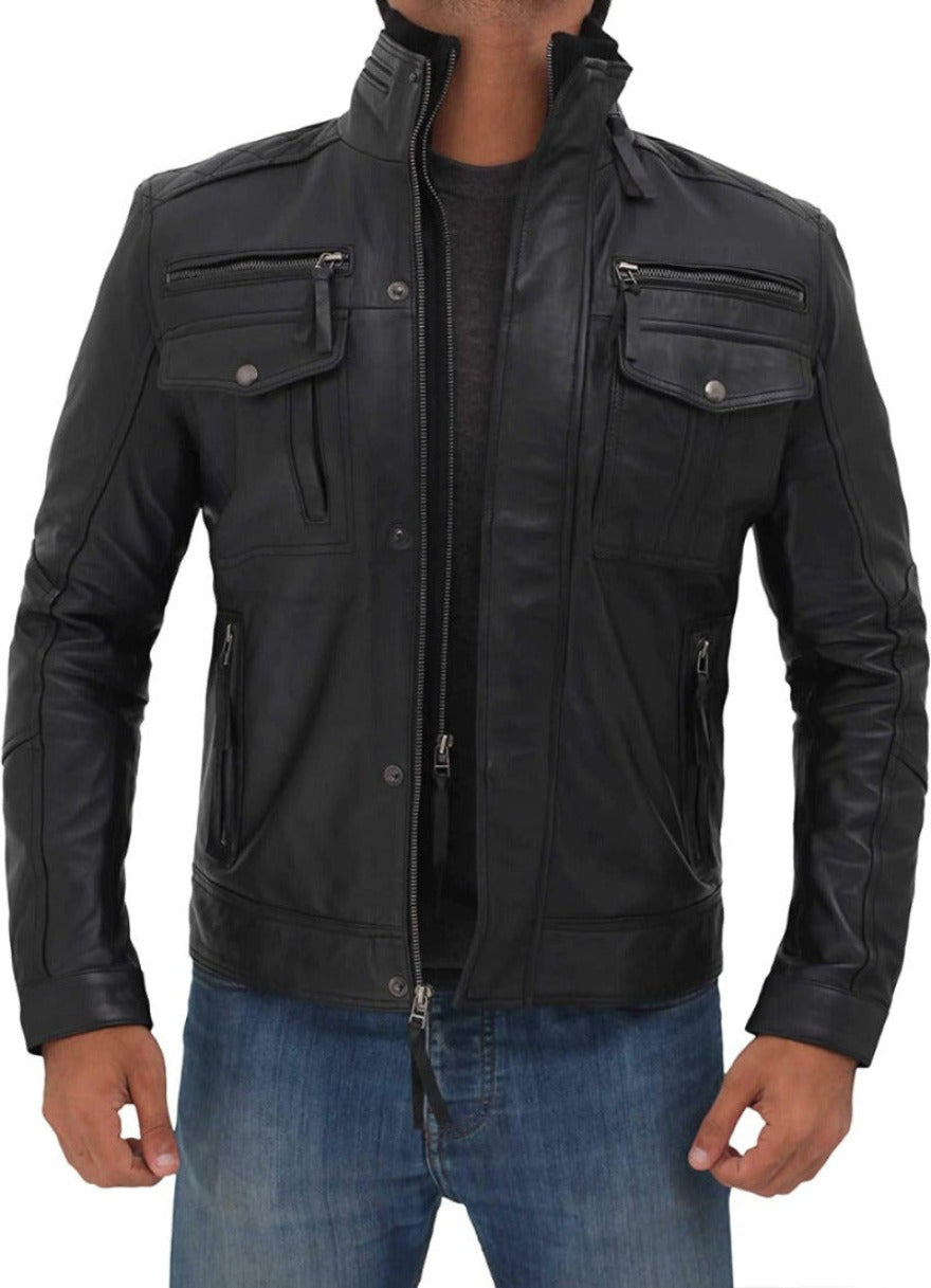 Picture of a model wearing our Mens Black Leather Motorcycle Jacket Front View
